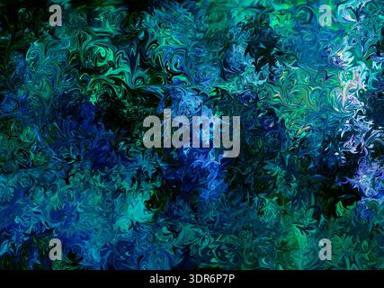 Moody abstrakte digitale Kunstwerke mit tiefblauen und smaragdgrünen Tönen, die in dichten, wirbelnden Texturen fließen. Die Komposition erzeugt ein Gefühl von Dep Stockfoto
