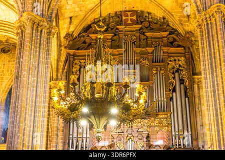 Barcelona, ​​Spain. Februar 2014. Kronleuchter im klassischen Stil hängen von der Decke, imposante Säulen im Inneren der Kathedrale des Heiligen Kreuzes und Sai Stockfoto