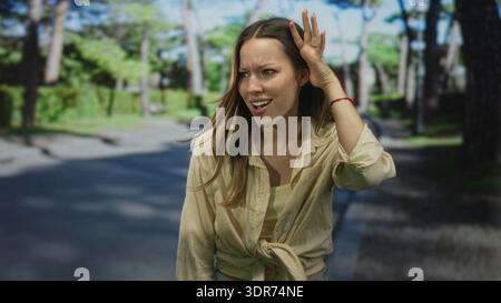 Junge Frau, die Hand an Ohr auf der Straße neben dem grünen Parkweg hält, Hemd gebunden und schielender Ausdruck; Verwirrung. Stockfoto