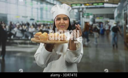 Küchenchefin hält hölzerne Tablett mit Muffins und macht Fingerherz Geste im Flughafenterminal; Gastfreundschaft Freude. Stockfoto