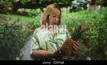 Frau, die Ananas mit den Händen hält, ihre Lippen ausdrücken, während sie auf dem Gartenweg inmitten üppiger Hecken steht; überraschende Neugier. Stockfoto