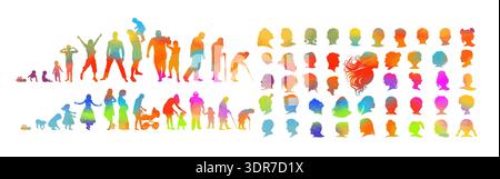Silhouetten von farbigen Menschen im Lebenskreislauf. Handgezeichnet. Nicht AI, Vektordarstellung. Stock Vektor