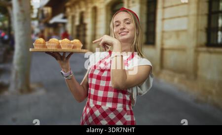Die Küchenchefin hält auf der Schürze ein hölzernes Tablett mit Muffins und zeigt auf der Straße mit dem Finger auf das Tablett; selbstgemachtes Backen. Stockfoto