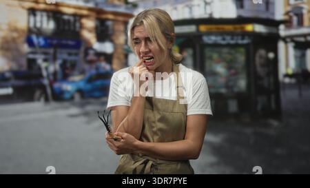Gärtnerin in Schürze, die Handgrubber hält, Finger beißt und auf einer belebten Straße mit Zahnschmerzen zuckt; Unannehmlichkeiten. Stockfoto