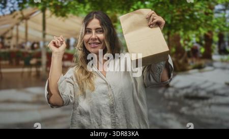 Frau mittleren Alters, die Papiertüte hält und Finger auf Tasche zeigt, während sie in einem Straßencafé in die Kamera lächelt; glückliche Promotion. Stockfoto