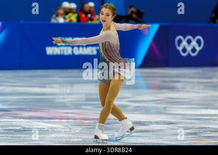 Mailand, Lombardei, Italien. Februar 2026. Olga Mikutina (10) aus Österreich tritt während des Eiskunstlauf Women: Single Skating: Short Program auf der Milano MSK Competition Rink in MAILAND, Italien, während der Olympischen Winterspiele 2026 in Milano Cortina auf. Olga Mikutina belegt Platz 17 und qualifiziert sich für das Finale. (Kreditbild: © Walter G. Arce/ZUMA Press Wire) NUR REDAKTIONELLE VERWENDUNG! Nicht für kommerzielle ZWECKE! Stockfoto