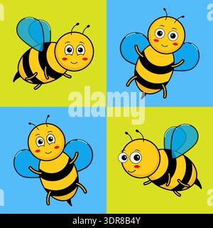 Vier niedliche Bienenfiguren auf hellblauem und gelbem verspieltem Hintergrund. Stock Vektor