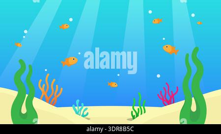 Weiche blaue Unterwasserwelt mit Algen, Fischen, Blasen und sanften Sonnenstrahlen. Hintergrundkonzept. Stock Vektor
