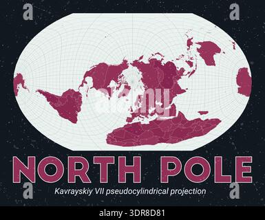 Nordpol-Weltkarte mit pseudozylindrischer Projektion Kavrayskiy VII., die sich auf dem Nordpol befindet. Stock Vektor