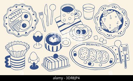 Handgezeichnete Vektor-Frühstück Illustration Set mit Kaffee, Eiern, Toast, Butter, Pfannkuchen und Geschirr. Minimal Blue Line Art Food Collection für Menüs Stock Vektor