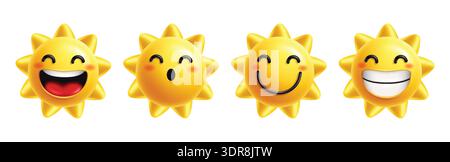 Sun 3D Happy Characters Clipart Set. Gelbe Sonne Cute Happy Faces Clip Art mit lustigen, verspielten, hellen und heißen Sonnenstrahlen Charakterelementen Stock Vektor