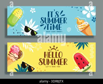 Es ist Sommerzeit-Gruß-Clipart-Banner-Set. Hello Summer Typografie Text mit Eis, Eis und Sonnenbrille tropischen Elementen in abstrakter Farbe Stock Vektor
