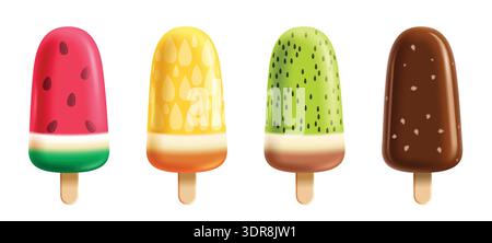 Eiscreme-Clipart-Set aus Eis. Sommer 3D kühles Dessert Eis und Eis in Wassermelonen-, Zitronen-, Kiwi- und Schokoladenaromen Clip Art Stock Vektor