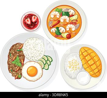Vektor-Illustration von thailändischem Essen einschließlich Curry, Reis, Spiegelei, Mangodessert und Getränk Stock Vektor