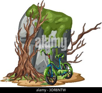 Bewachsenes Fahrrad und Blattloser Baum in der Nähe von moosbedeckten Felsbrocken in stilisierter Vektorillustration Stock Vektor