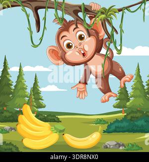 Cartoon Affe hängt kopfüber von Ast über Bananen, lebhafte Farben, flacher Vektor-Stil Stock Vektor
