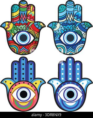 Vier stilisierte Hamsa-Hände mit Augensymbolen, leuchtenden Farben, kräftigen Linien und geometrischen Mustern Stock Vektor