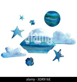 Aquarellabbildung, die ein skurriles blaues UFO inmitten von Sternen, Planeten und Wolken zeigt und eine traumhafte kosmische Szene für künstlerische und künstlerische Zwecke schafft Stockfoto