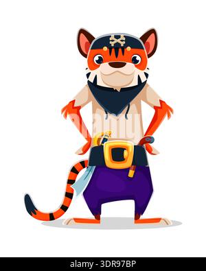 Cartoon Tiger Tier Piraten Crew Charakter. Isolierte Vektor-selbstbewusste Korsair-Persönlichkeit, die stolz mit einem Schwert im Gürtel und Händen auf den Hüften steht, trägt ein Bandana und ruft Abenteuer und Heldengeist hervor Stock Vektor
