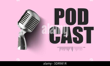 Podcast-Aufnahmeeinrichtung mit Vintage-Mikrofon und Sound Wave-Grafik auf rosa Hintergrund Stockfoto