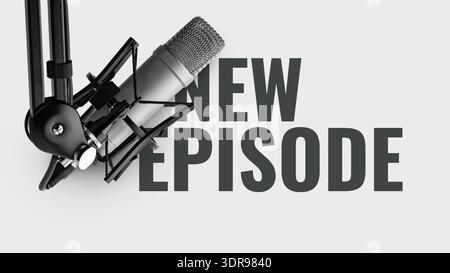 Podcast Studio-Setup für neue Episoden mit Mikrofon und Textanzeige Stockfoto