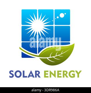 Symbol der Solarenergie-Technologie mit Sonnenstrahlen, quadratischen Solarpaneelen und grünem Blatt. Vektor-Emblem symbolisiert saubere, erneuerbare Energien, Stromerzeugung und moderne grüne, umweltfreundliche Innovationen Stock Vektor