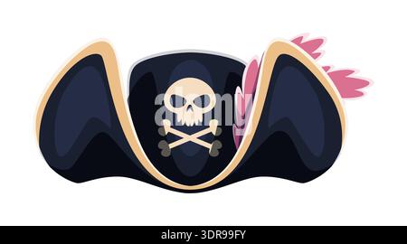 Piraten-Tricorn und Korsair-Captain-Hut. Cartoon Vektor Captain Cocked Hut. Kopfschmuck mit rosafarbenen Federn, fröhlichem roger-Schädel und gekreuzten Knochen. Seemannskappe, Filibuster Kostümzubehör Stock Vektor