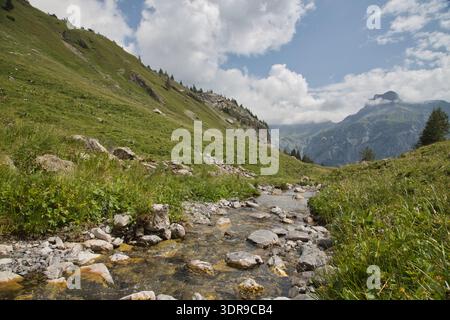 Eine ruhige Landschaft mit Einem Fluss, Der sich durch üppige Green Hills schlängelt. Stockfoto