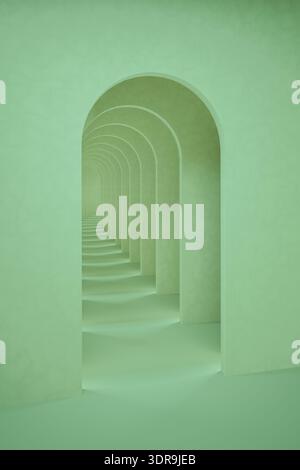 Grüner surrealer abstrakter Hintergrund. Bogengang, mintgrüner Hintergrund, 3D-Rendering-Illustration Stockfoto