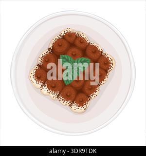 Tiramisu-Kuchen-Top-Ansicht-Vektor-Karikaturillustration. Italienisches Dessert mit Schokolade und Minze für mediterranes Café-Menü und Vorlage. Isolierte Gebäckzeichnung, perfekt für Liefergrafiken. Stock Vektor