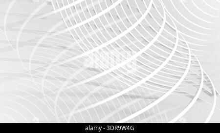 Ein abstrakter weißer Hintergrund mit weißen parametrischen Gitterstrukturen, die durch glatte Spirallinien mit architektonischem Rhythmus gebildet werden. 3D-Rendering-Illustration Stockfoto
