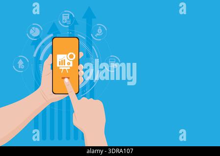 App für Finanzanalysen per Fingertipp mit Diagramm- und Lupensymbol, Geschäftseinblicke, Überwachung und Leistungsbewertung. Stock Vektor