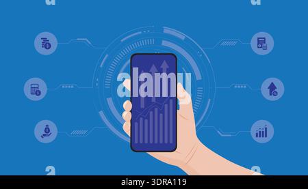 Unternehmenswachstumskonzept mit Smartphone mit steigenden Diagrammen und Logistiksymbolen, digitaler Analyse, Leistungsverfolgung und datengesteuerter Strategie. Stock Vektor