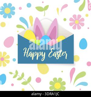 Grußkarte „Happy Easter“. Umschlag mit süßen Kaninchenohren, ostereiern. Weißer Hintergrund mit bunten Eiern, floralen Elementen. Frühlingsferien Stock Vektor