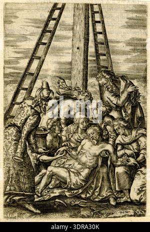 Gravur aus dem Jahr 1581, die die Klage darstellt. Christus liegt auf den Knien der Jungfrau Maria vor dem Kreuz. Zwei Leitern befinden sich neben dem Kreuz. Zu den Figuren zählen die St. Maria Magdalena, der St. John und andere Trauernde. Teil der "Humanae Salutis Monumenta", nach P. van der Borcht. Betont Gesten, Haltung, Trauer, räumliche Anordnung, Renaissance-Gravurtechnik, menschliche Anatomie, Komposition, religiöse Erzählung und nordeuropäische Kunst des 16. Jahrhunderts. Stockfoto