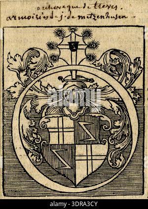 Dieser Holzschnitt von Anton Woensam aus dem Jahr 1536 zeigt ein erstes „O“ mit dem Wappen Johann von Metzenhausen, darunter ein vierteljährliches Schild mit einem Kreuz auf weißem Hintergrund, Z-Formen auf geschlüpftem Boden und ein Wappen mit einem Kreuz und Pfauenfedern. Der Druck betont heraldisches Design der Renaissance, typographisches Ornament, figurale Komposition, dekorative Details, räumliche Anordnung, Kompositionswaage, gravierte Linien, Buchdruckintegration, Seitenlayout, gedruckte Unterschrift, Publikation, Illustration der europäischen Renaissance, visuelle Harmonie, emblematische Darstellung, historischer Symbolismus, künstlerische Technik Stockfoto