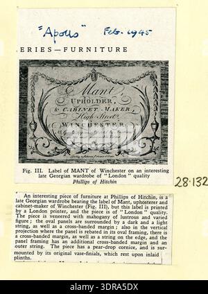 Foto eines Möbeletiketts von Mant, einem Schreiner in der High Street, Winchester. Das Etikett zeigt den Namen, den Standort und den Text des Herstellers, der aus der Publikation „Apollo“ (Februar 1945) extrahiert wurde. Dies ist eine fotografische Reproduktion der ursprünglichen Handelskarte von 1730 bis 1830, die frühe kommerzielle Kennzeichnungspraktiken britischer Möbelhersteller veranschaulicht. Stockfoto