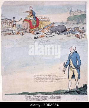 Ätzung, ca. September 1791, mit dem Titel „Gute Nachrichten aus Madras“, schildert Tipu Sultans Sieg über die britischen Truppen in Indien. Tipu, auf einem Elefanten montiert, erhält das Schwert des kapitulierten Lord Cornwallis. Im Vordergrund sind britische Leichen, kaputte Waffen und tote Ochsen zu sehen. Eine Burg weht Tipus Flagge über dem Union Jack. Ein gut gekleideter Mann, "der Patriot", beobachtet die Szene mit dem Stift in der Hand. Die Komposition veranschaulicht den militärischen Triumph, die Druckerei des 18. Jahrhunderts, die satirische Darstellung und die historische Darstellung der Anglo-Mysore-Konflikte. Stockfoto