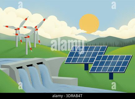 Dam-Kraftwerk Wasserkraft Solar Windenergie Stock Vektor