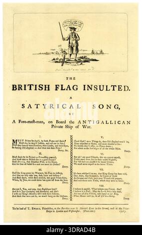 Diese 1757 von George Townshend herausgegebene Breitenätzung satirisiert den Streit mit Spanien nach der Eroberung des französischen Schiffes „Duc de Penthièvre“ durch den britischen Freibeuter „Antigallican“. Ein Seemann hält ein Stück Papier neben einem kaputten Anker und zwei Schiffe kämpfen im Hintergrund. Die Komposition betont Marineaktionen, Gesten, Gesichtsausdruck, Kostüm, Schiffsdetails, politische Satire, Ätztechniken und britische Druckerei des 18. Jahrhunderts. Stockfoto