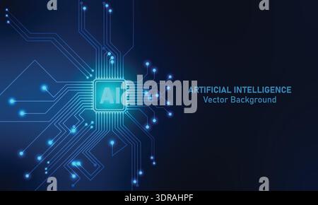 Hintergrund der künstlichen Intelligenz mit leuchtendem KI-Chip und digitalem Schaltungsnetzwerk. Vektorabbildung für Banner und Webvorlage. Stock Vektor