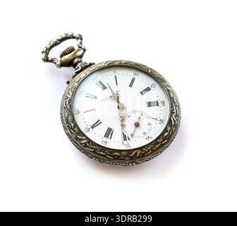 Taschenuhr mit Schatten isoliert auf weißem Hintergrund Stockfoto