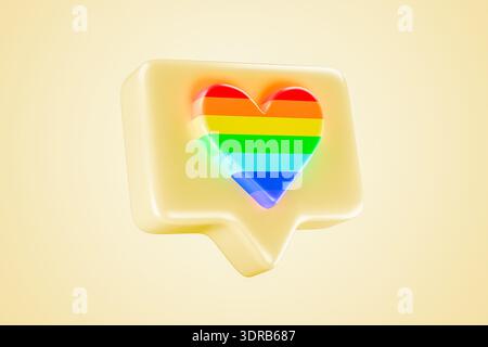 Gelbe 3D-Benachrichtigungsblase mit Regenbogensymbol Stockfoto