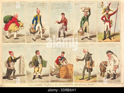 New London weint oder all die Talente, die sich nützlich machen! Ist ein Druck aus dem Jahr 1807, der zehn Figuren des gefallenen Ministeriums als Straßenverkäufer auf einem Blatt zeigt, das in zwei Reihen angeordnet ist, im Stil von „Schreien Londons“. Grenville trägt einen Sack, Howick trägt Marineuniform mit überdachten Kesseln und Petty Waagen auf spitzen Schuhen. Jede Figur hat Wörter über dem Kopf, die Waren zum Verkauf beschreiben. Der Druck veranschaulicht soziale Satire, Kostüme, Straßenaktivitäten und Charakterdarstellungen und bietet durch Detai Einblicke in die britische visuelle Kultur des frühen 19. Jahrhunderts, die Druckerei und den politischen Kommentar Stockfoto