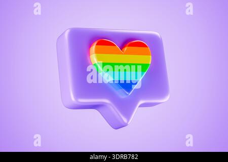 Social-Media-Ikone mit Regenbogenherz vor Flieder-Hintergrund Stockfoto