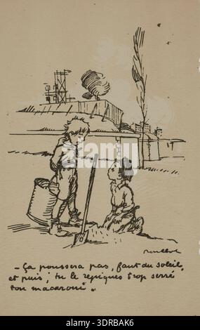 Propagandakarten des Ersten Weltkriegs, 1914-1918, zeigen zwei Jungen, einer versucht, eine Pflanze im Boden anzubauen, während der andere sagt, dass Sonnenlicht nötig ist und Pflanzen zu nah sind. Die Illustration spiegelt Kriegspropaganda, künstlerischen sozialen Kommentar, französische visuelle Kultur, Kindererziehung, Humor, und die Darstellung des täglichen Lebens. Die Postkarten wurden verwendet, um Botschaften zu vermitteln, zu unterhalten und Kommentare über die heutige Gesellschaft während des Ersten Weltkriegs zu kommentieren. Stockfoto