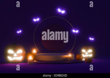 Dunkelbrauner Halloween-Podium-Hintergrund mit gruseligen Fledermäusen Stockfoto