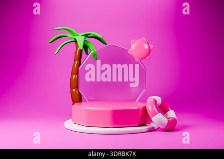Rosafarbenes tropisches Podium mit Palme zur Produktpräsentation Stockfoto