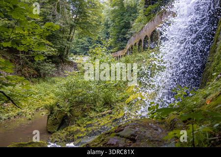Altes Wasserkraftwerk Niezelgrund Wasserfall Lohmenschlucht Stockfoto