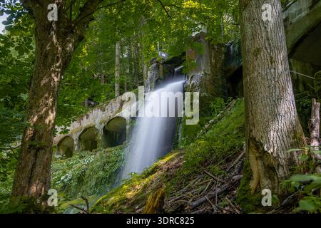 Altes Wasserkraftwerk Niezelgrund Wasserfall Lohmenschlucht Stockfoto